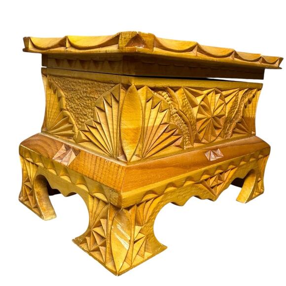 Russia Intricate Carved Wooden Trinket Jewelry Box Vintage Blue Velvet 8" USSR - Picture 2 of 14